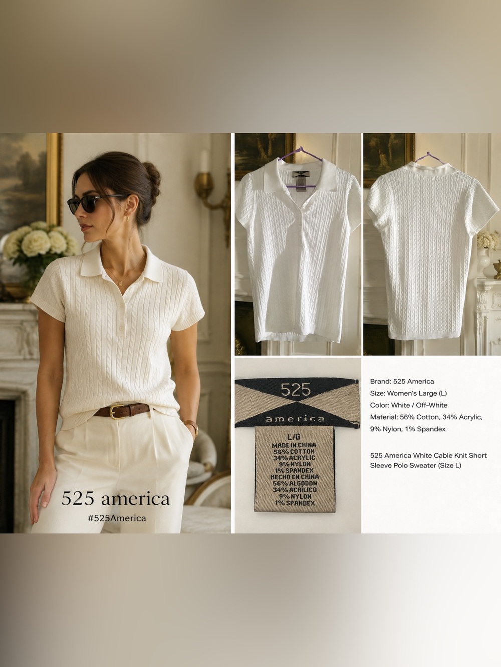 *Old Money* 💰 Sz L 525 America Women's White Cable Knit Polo Top